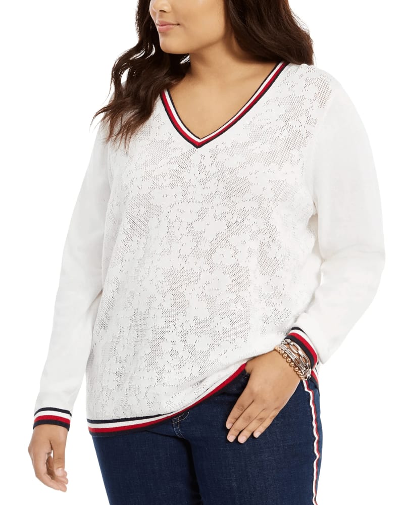 Front of a model wearing a size 1X Tommy Hilfiger Women's Plus Size Ivy Pointelle Sweater White Size 1X in White by Tommy Hilfiger. | dia_product_style_image_id:314374